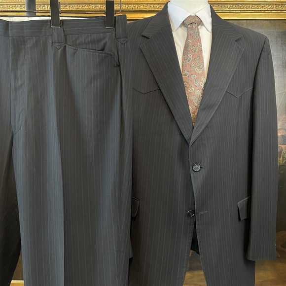 VTG Bar WS 48L 40 x 36 2 Piece‎ Black Pinstriped Western Yoke 2 Button Suit